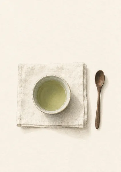 茶のひととき — 茶緑と生成りの静物アート - 墨一筆
