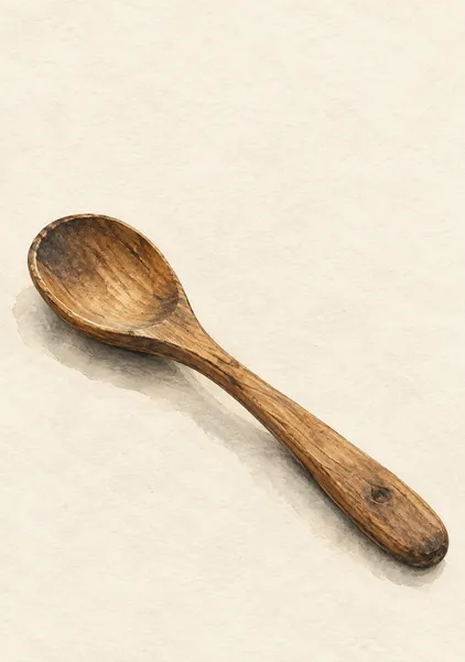 木匙のぬくもり — 胡桃色と墨の静物 - 墨一筆