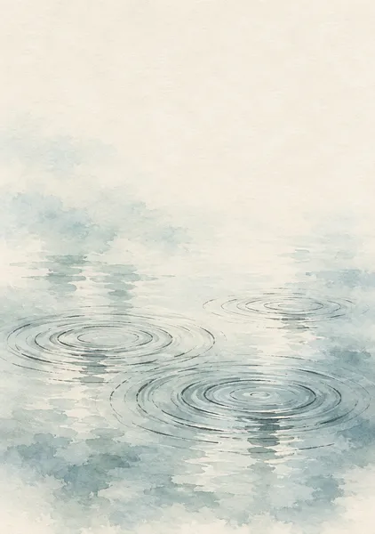 雨粒の輪 — 青緑と薄墨の水面 - 墨一筆