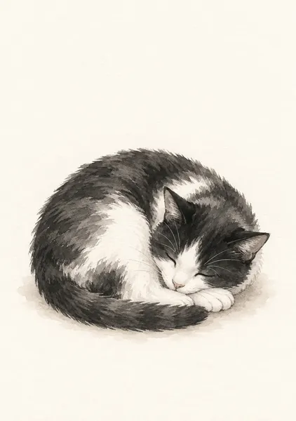 まどろみの輪 — 墨と白の眠る猫アート - 墨一筆