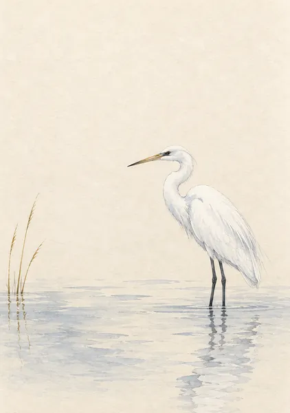 白鷺の浅瀬 — 淡青と白の野鳥アート - 墨一筆