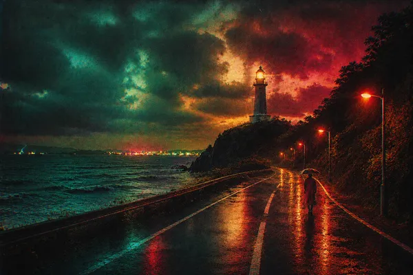 雨夜の海岸道と灯台 - Jane Doe