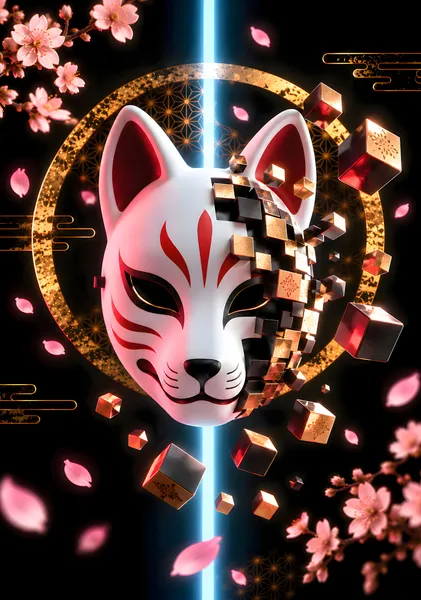 狐面と桜 - 光のキューブ  Kitsune Mask and Sakura – Cubes of Light - CYRURU ART