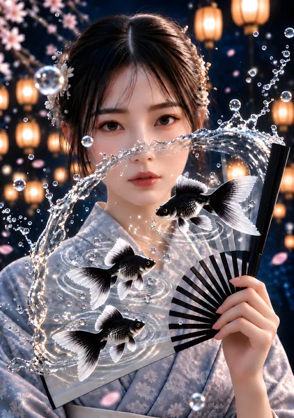 姫と水扇に舞う黒金魚　Princess and Black Goldfish Dancing in a Water Fan - CYRURU ART