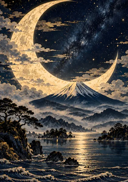 三日月と富士　Crescent Moon over Mount Fuji - CYRURU ART