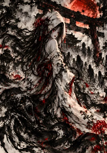 虚ろなる花嫁 | The Hollow Bride – Japanese Sumi-e Ghost Horror Art - konkapo00
