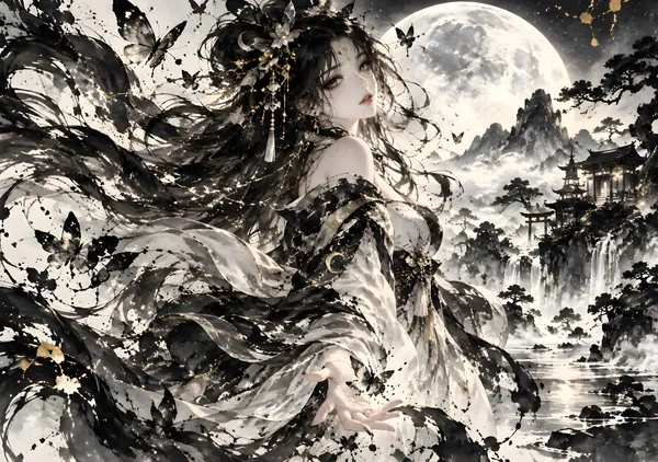 月光に目覚める幻想の精霊 | Magical Moon Spirit – Japanese Sumi-e Ink Art - konkapo00
