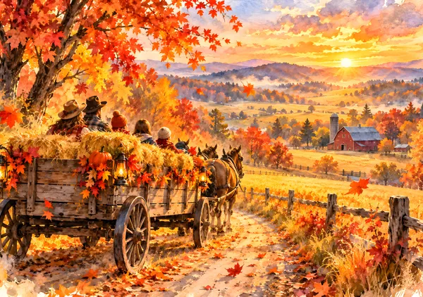 Golden Autumn Hayride Watercolor - konkapo00