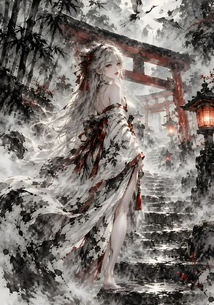 霧に包まれた神秘の巫女・幻想的な日本の墨絵 | Mystical Shrine Maiden in the Mist – Japanese Sumi-e Ink Art - konkapo00