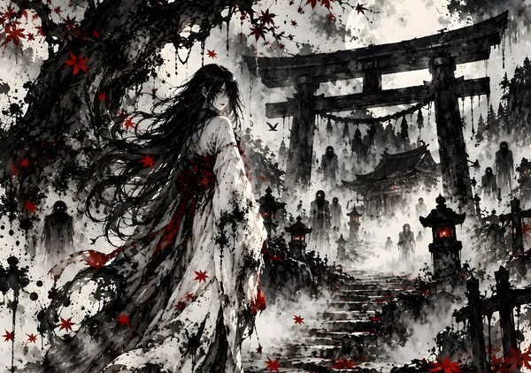 鳥居の向こうに潜む囁き | Whispers Beyond the Torii Gate – Japanese Ink Horror Art - konkapo00