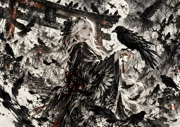 漆黒の鴉の女王 | Raven Queen – Dark Japanese Sumi-e Ink Art - konkapo00