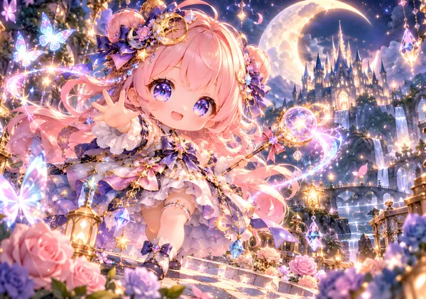 Magical Chibi Girl in an Enchanted Moonlit Garden - konkapo00