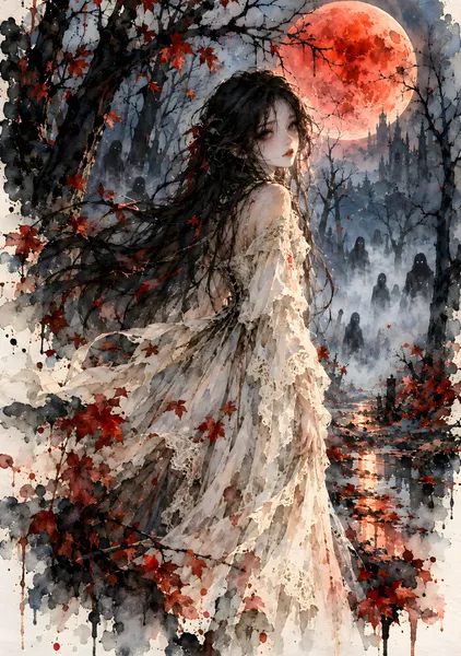 Eerie Woman in the Crimson Moon Forest - konkapo00