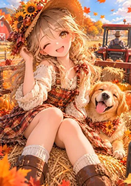 Autumn Hayride Anime Girl & Golden Retriever - konkapo00