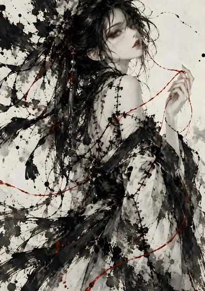 紅の糸で縫い綴られた墨の女 | Crimson Stitches in Sumi Ink - konkapo00