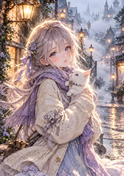 Foggy Morning – Cute Anime Girl & White Kitten - konkapo00