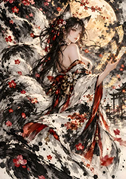 月夜に魅せられた九尾の狐｜幻想的な和風墨絵 | Enchanted Nine-Tailed Kitsune – Japanese Sumi-e Ink Art - konkapo00