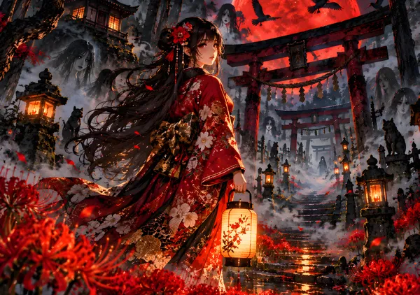Eerie Japan: Woman Beneath the Blood Moon - konkapo00