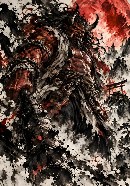 紅蓮の鬼・墨絵に宿る古の魔神 | Crimson Oni – Ancient Japanese Sumi-e Demon - konkapo00