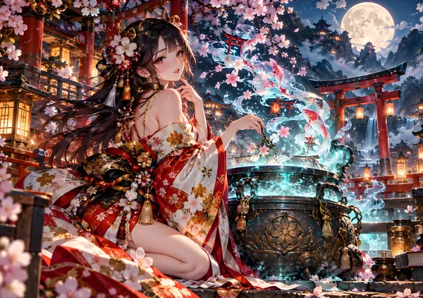 Moonlit Sakura Witch & Mystical Cauldron - konkapo00