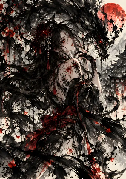 紅き龍の呪い｜日本の墨絵ホラー | Crimson Dragon Curse – Japanese Sumi-e Dark Fantasy - konkapo00