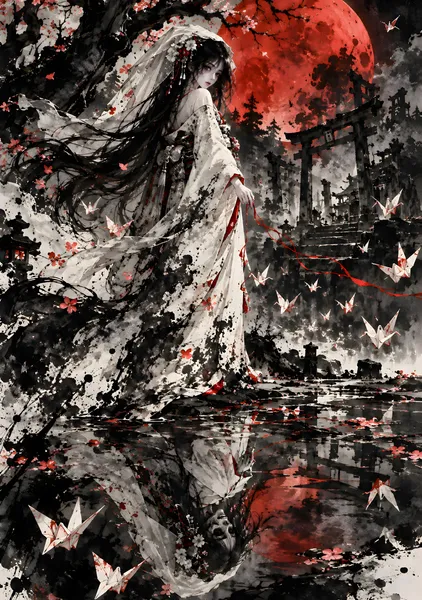 幽霊花嫁と紅い月｜和風ホラー墨絵 | The Ghost Bride Under the Crimson Moon – Japanese Ink Horror Art - konkapo00