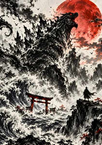 古代怪獣の覚醒 ― 紅月と荒れ狂う海 | Ancient Kaiju Awakens – Blood Moon & Raging Seas | Japanese Sumi-e Ink Art - konkapo00