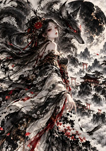墨から生まれた女神｜神秘の九尾狐と黒月の幻想水墨画 | Inkborn Goddess – Mystical Nine-Tailed Fox & Black Moon Japanese Sumi-e Art - konkapo00