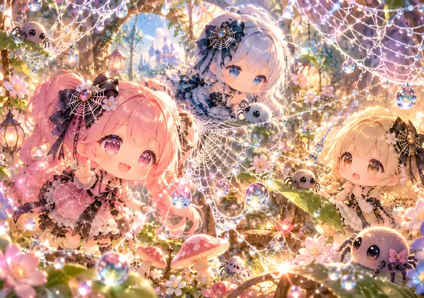Cute Chibi Girls in a Magical Spiderweb Garden - konkapo00