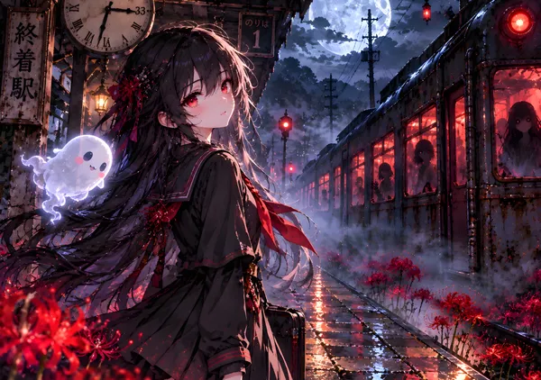 Eerie Anime Girl Waiting for the Ghost Train - konkapo00