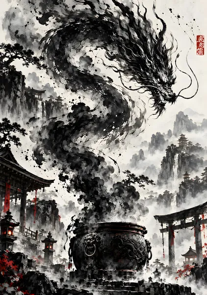 霊龍の目覚め ― 古の釜から現れる龍 | Awakening of the Spirit Dragon – Japanese Sumi-e Ink Art - konkapo00