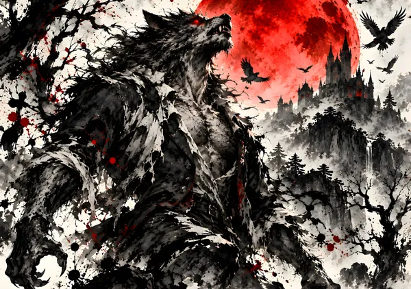 血月に吠える狼男｜Werewolf Under the Blood Moon – Japanese Sumi-e Ink Art - konkapo00