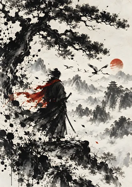 霧に佇む孤高の侍・日本の水墨画 | Lone Samurai in the Mist – Japanese Sumi-e Ink Art - konkapo00