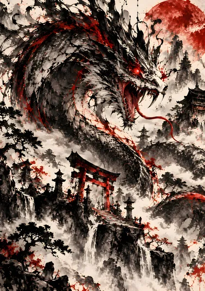 紅月のバジリスク｜日本の伝統的な墨絵アート | Crimson Basilisk – Japanese Sumi-e Ink Painting & Dark Fantasy Art - konkapo00