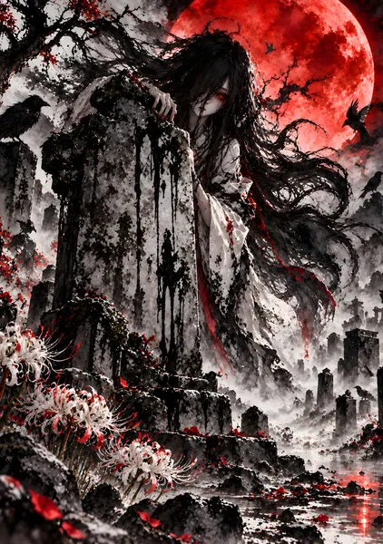 涙を流す墓石｜日本の水墨画ホラー | The Weeping Headstone | Japanese Sumi-e Horror Art - konkapo00