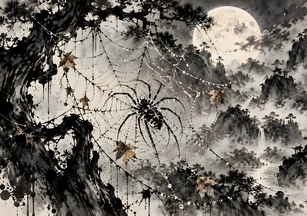 月夜に浮かぶ蜘蛛の巣｜幻想的な日本の水墨画 | Moonlit Spiderweb – Mystical Japanese Sumi-e Ink Art - konkapo00