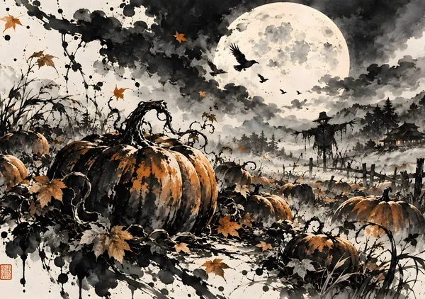 Moonlit Pumpkin Patch Sumi-e Ink Painting - konkapo00