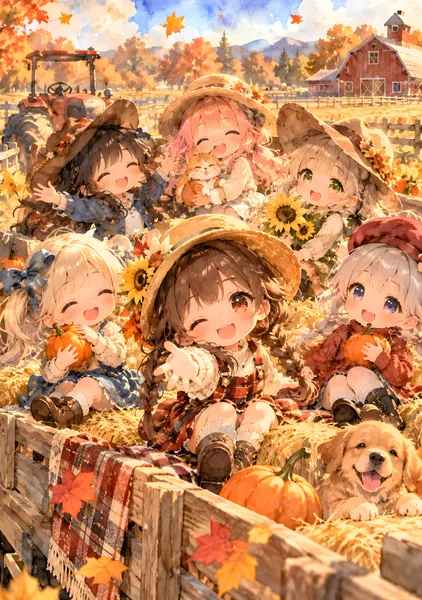 Cute Chibi Girls on an Autumn Hayride - konkapo00