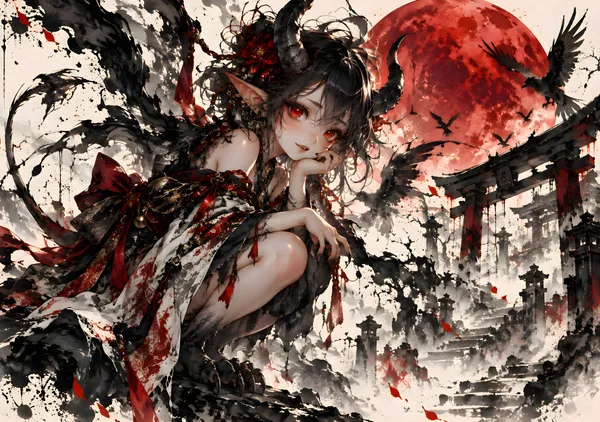 紅い瞳の小鬼と忘れられた神社 | Crimson-Eyed Imp at the Forgotten Shrine – Japanese Ink Art - konkapo00