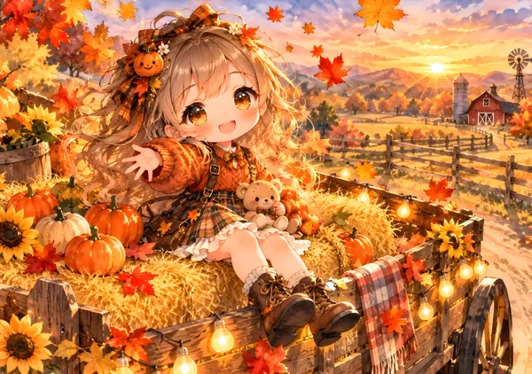 Cute Chibi Girl on an Autumn Hayride - konkapo00