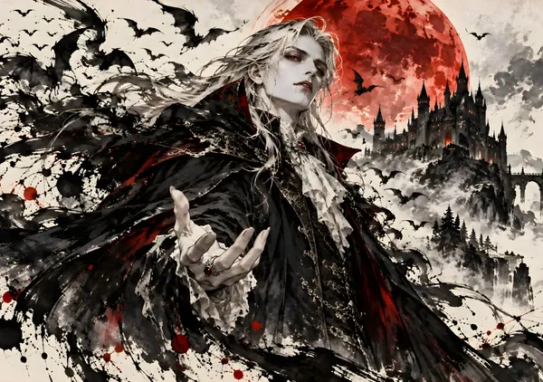 ドラキュラ伯爵と血の月｜Count Dracula – Gothic Japanese Sumi-e Ink Art - konkapo00