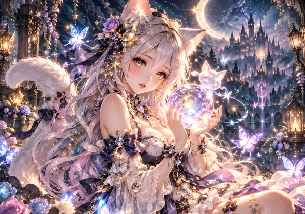 Magical Cat Girl in an Enchanted Moonlit Garden - konkapo00