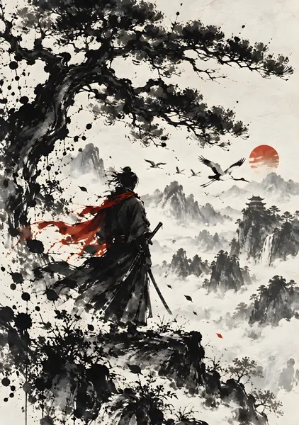 Lone Samurai in the Mist | Japanese Sumi-e Art - konkapo00