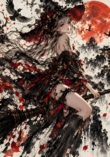 紅月の魔女｜幻想的な和風墨絵アート | Crimson Moon Witch – Japanese Sumi-e Fantasy Art - konkapo00