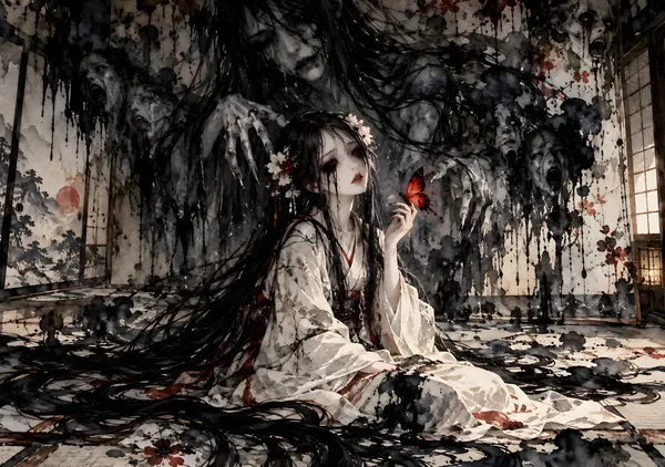 黒い涙｜呪われた日本家屋の幽霊を描く幻想的な和風水彩ホラーアート | Black Tears – Haunted Japanese Watercolor Ghost Art - konkapo00