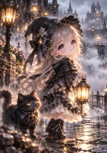 Foggy Moonlight – Cute Chibi Witch & Black Cat - konkapo00