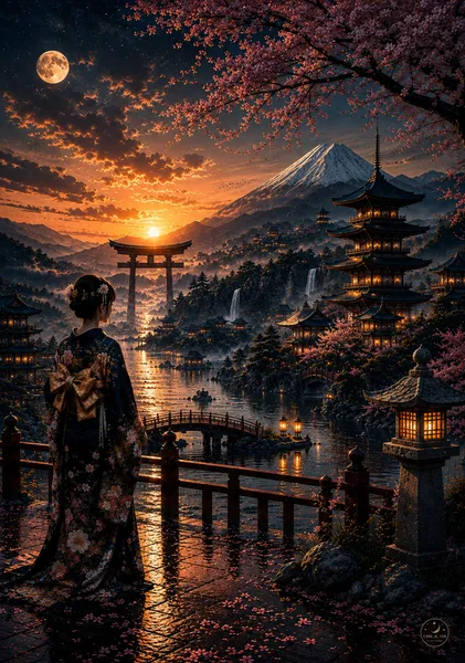 Beyond the Torii — Where Sakura Meets the Moon （鳥居の向こう ― 桜と月が出会う場所） - case_k_128