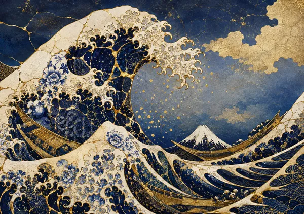 Kintsugi Great Wave – Indigo & Gold Hokusai-Inspired Art - CocoHare Production