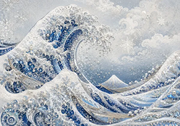 Crystal Great Wave – Snowflake & Silver Hokusai-Inspired Art - CocoHare Production