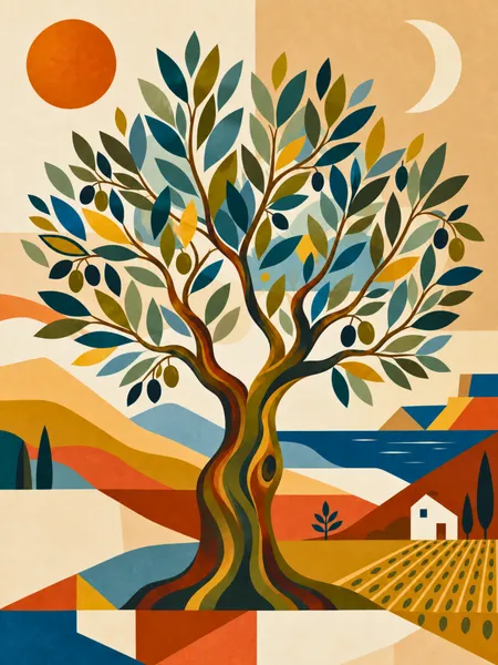 Olive Tree in a Geometric Landscape — Contemporary Art - Yuri Morino